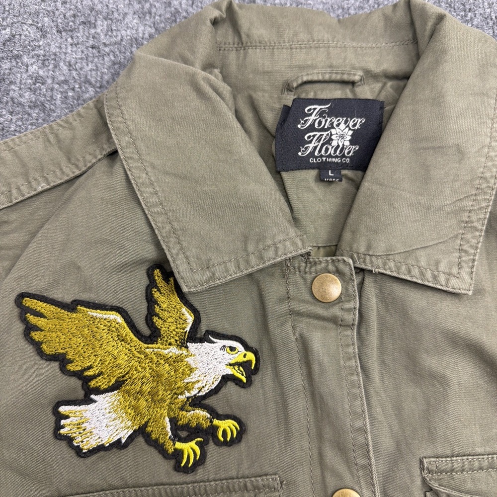 Forever Flower Clothing Co L Olive Green with embroidered Eagles Snap Jacket - Picture 2 of 6
